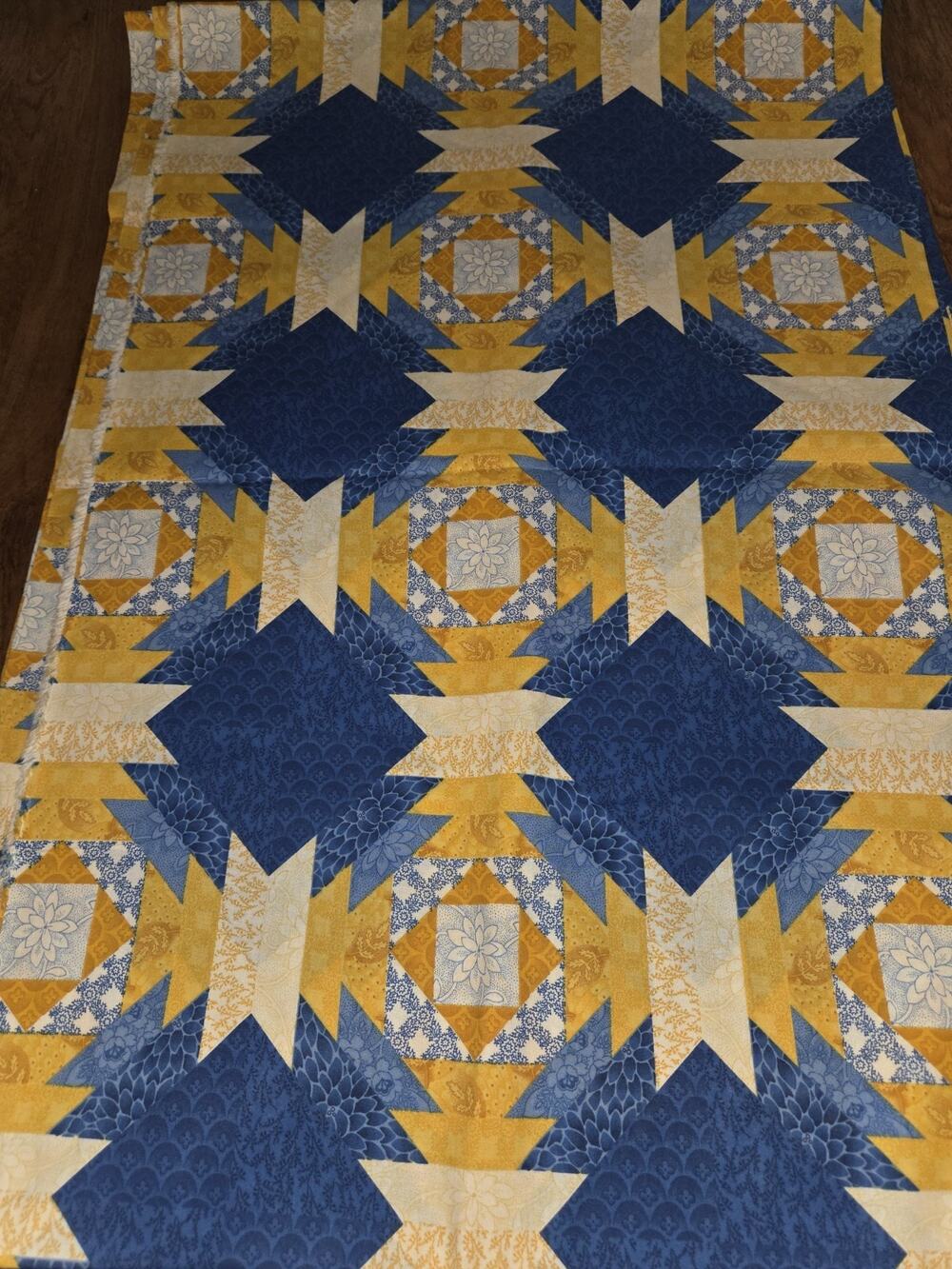 Vintage Lone Star Pattern Fabric Blue Yellow 3.5 Yards